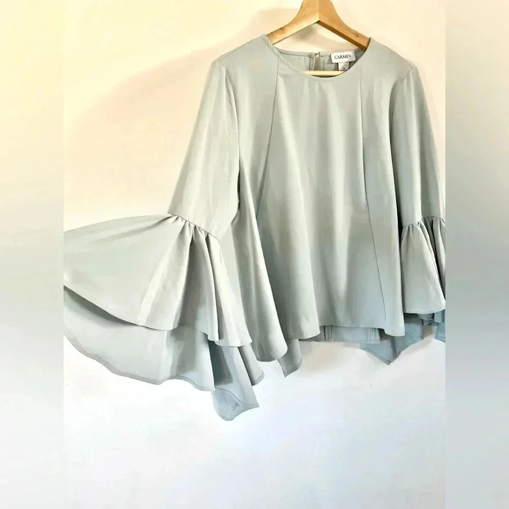 Carmen Marc Valvo Blue‎ Long Flowy Bell Sleeve Haven Blouse Size Medium - Picture 3 of 10